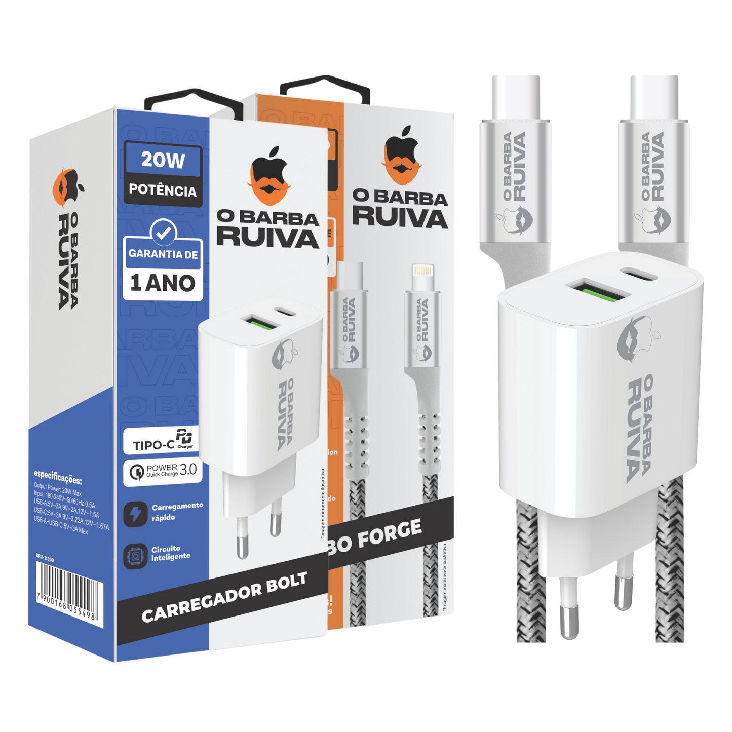 Carregador Bolt USB A e Tipo C + Cabo Forge Tipo C / Tipo C - O Barba Ruiva